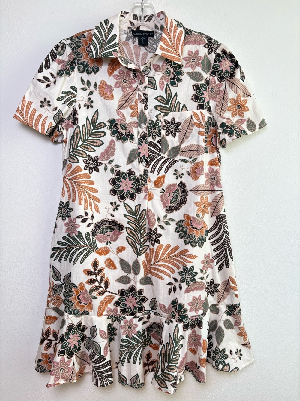 CYNTHIA ROWLEY Floral Botanical Button Down Cotton Puff Sleeve Ruffle Dress S
